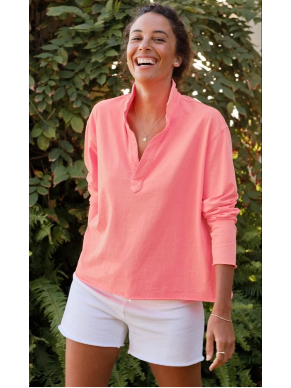Frank & Eileen Patrick Popover Henley Triple Terry Coral Pink Salmon Size XS